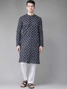See Designs - Men Navy Blue And White Printed Straight Kurta