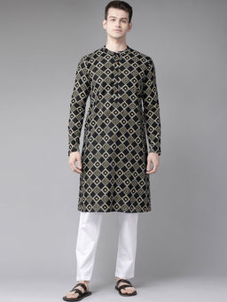 See Designs - Men Black And Gold Printed Straight Kurta