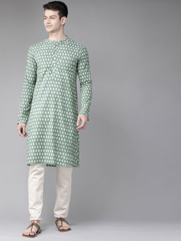See Designs - Men Green And Beige Hand Block Print Sustainable Straight Kurta