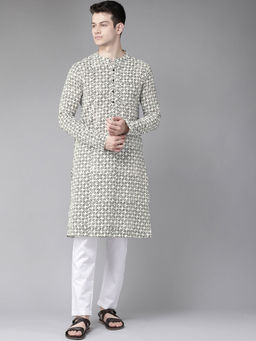 See Designs - Men Beige And Black Hand Block Print Sustainable Straight Kurta