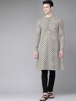 See Designs - Men Beige And Black Hand Block Print Sustainable Straight Kurta
