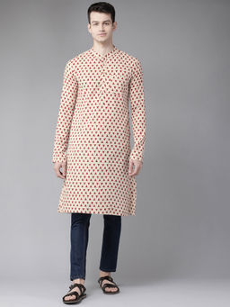 See Designs - Men Beige And Maroon Hand Block Print Sustainable Straight Kurta