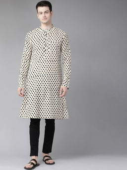 See Designs - Men Beige And Black Hand Block Print Sustainable Straight Kurta