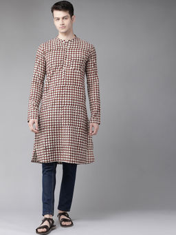 See Designs - Men Beige And Maroon Hand Block Print Sustainable Straight Kurta