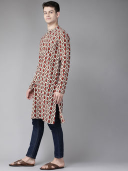 See Designs - Men Beige And Black Hand Block Print Sustainable Straight Kurta