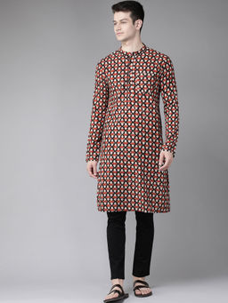 See Designs - Men Maroon And Black Hand Block Print Sustainable Straight Kurta
