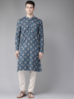 See Designs - Men Blue And Beige Printed Straight Kurta