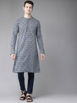 See Designs - Men Blue And Beige Printed Straight Kurta