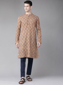 See Designs - Men Beige And Gold Printed Straight Kurta