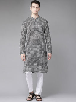 See Designs - Men Black And White Printed Straight Kurta