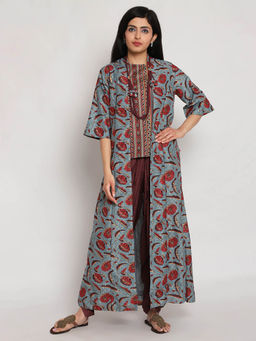 Biba - Turquoise Printed Jacket And Top With Dhoti Pant (Set of 3)