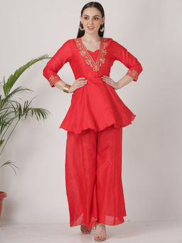 Kaanchie Nanggia - Red Embroidered Short Length Kurta With Palazzo (Set of 2)