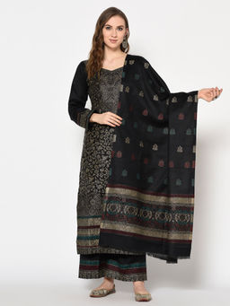 Safaa - Black Self Design Woollen Unstitched Dress Material (Set of 3)