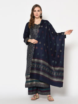 Safaa - Navy Blue Self Design Woollen Unstitched Dress Material (Set of 3)