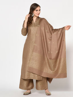 Safaa - Brown Self Design Woollen Unstitched Dress Material (Set of 3)