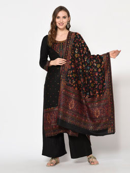 Safaa - Black Self Design Woollen Unstitched Dress Material (Set of 3)