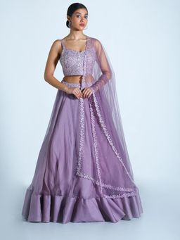 Shahmeen Husain - Lavender Embroidered Lehenga And Choli With Dupatta (Set of 3)