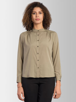 FABLE STREET - Beige Solid Mandarin Neck Shirt