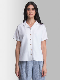 FableStreet - White Notch Collar Button Up Shirt