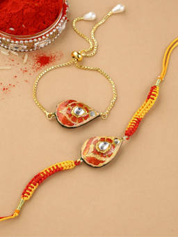 Shoshaa - Red And Peach Kundan Reversible Design Meenakari Bhai Bhabhi Rakhi Combo