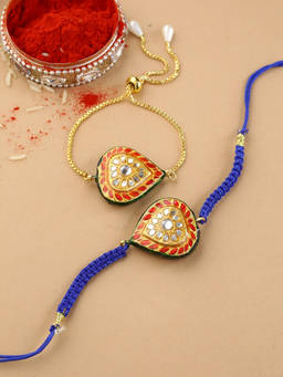 Shoshaa - Orange Gold Reversible Design Meenakari Kundan Studded Bhai Bhabhi Rakhi Combo