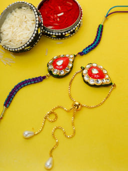 Shoshaa - Magenta Gold Reversible Design Meenakari Kundan Studded Bhai Bhabhi Rakhi (Pack of 2)