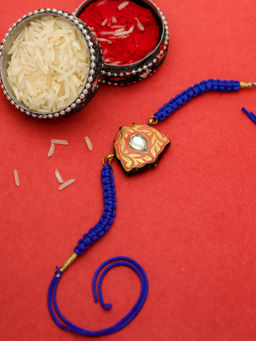 Shoshaa - Orange Gold Kundan Reversible Design Meenakari Bhai Rakhi
