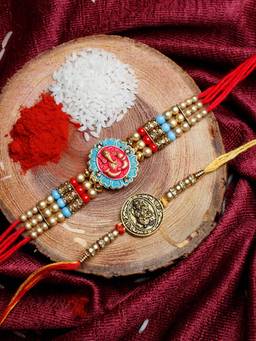 Shoshaa - Gold Red Ganesha Ethnic Thread Rakhi Set of 2 With Roli Chawal