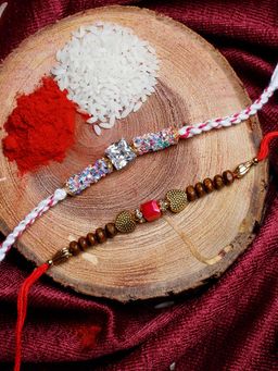 Shoshaa - Multi Red Ethnic Thread Rakhi Set of 2 With Roli Chawal