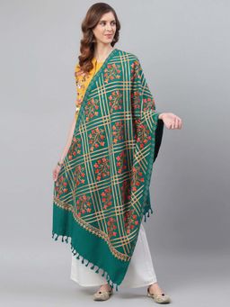 WEAVERS VILLA - Women Teal Green & Orange Aari Work Embroidered Shawl