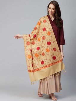 WEAVERS VILLA - Women Beige & Red Aari Wrok Embroidered Shawl