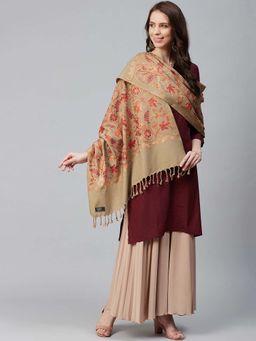 WEAVERS VILLA - Women Beige & Red Embroidered Shawl