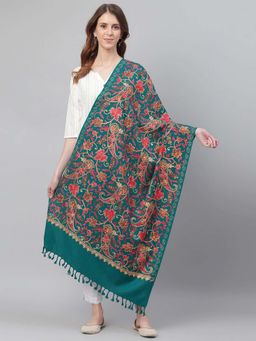 WEAVERS VILLA - Women Teal Green & Red Aari Work Embroidered Shawl