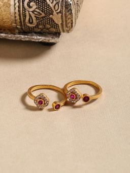 Shoshaa - Gold Pink Gold-Plated Artificial Stones Toe Rings (Set of 2)