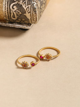 Shoshaa - Gold Pink Gold-Plated Artificial Stones Toe Rings (Set of 2)