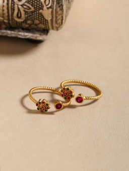 Shoshaa - Gold Plated Multicolor Artificial Stones Toe Rings (Set of 2)