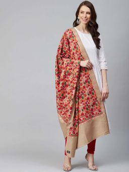 WEAVERS VILLA - Women Beige & Red Embroidered Shawl