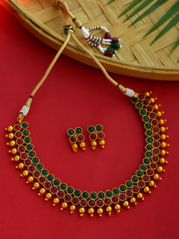 Shoshaa - Gold-Plated Green-red Stones Handcrafted Necklace and Earrings (Set of 2)