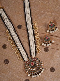Shoshaa - Gold Plated Blue White Kundan Handcrafted Necklace with Earrings (Set of 2)