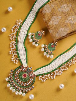 Shoshaa - Gold Plated Green White Kundan Handcrafted Necklace with Earrings (Set of 2)