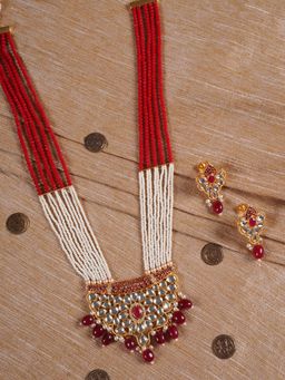 Shoshaa - Gold Plated Red White Kundan Handcrafted Necklace with Earrings (Set of 2)
