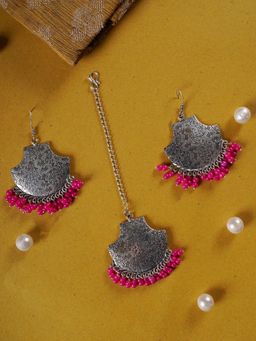 Shoshaa - Silver Plated Magenta Oxidised Maang Tika and Earrings (Set of 2)