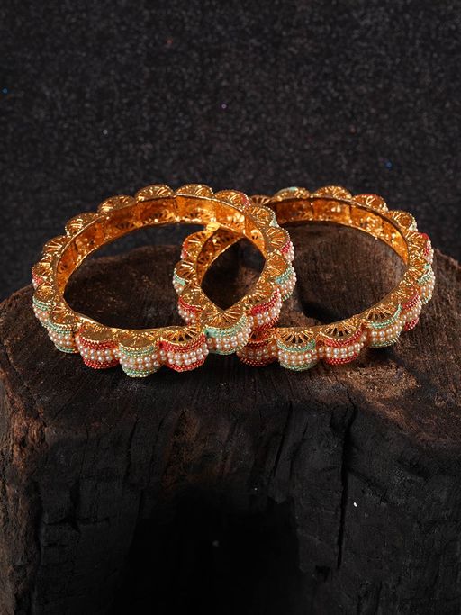 Shoshaa Gold Plated Red Green Colour Handcrafted Bangle (Set of 2)
