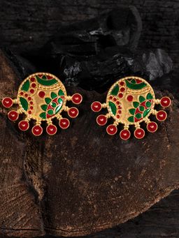 Shoshaa - Gold-Plated Green - Pink Colour Enamelled Studs Earrings