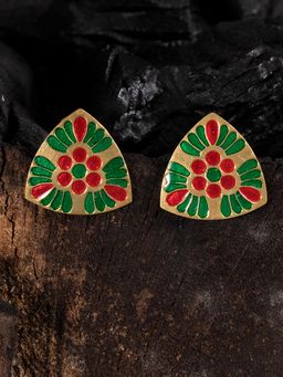 Shoshaa - Gold-Plated Green-Red colour Enamelled Studs Earrings