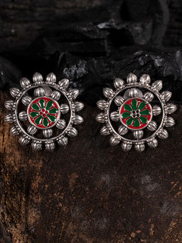 Shoshaa - Silver-Plated Green-Red Colour Oxidised Studs Earrings