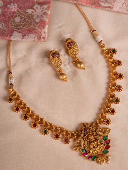 Shoshaa - Gold-Plated Red-Green Colour Handcrafted Temple Necklace And Earrings (Set of 2)