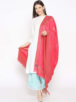 WEAVERS VILLA - Women Coral Pink & Blue Woven Design Shawl