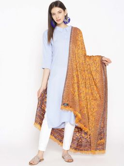 WEAVERS VILLA - Women Mustard Yellow & Blue Kalamkari Patterned Shawl