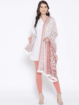 WEAVERS VILLA - Women White & Orange Kalamkari Patterned Shawl